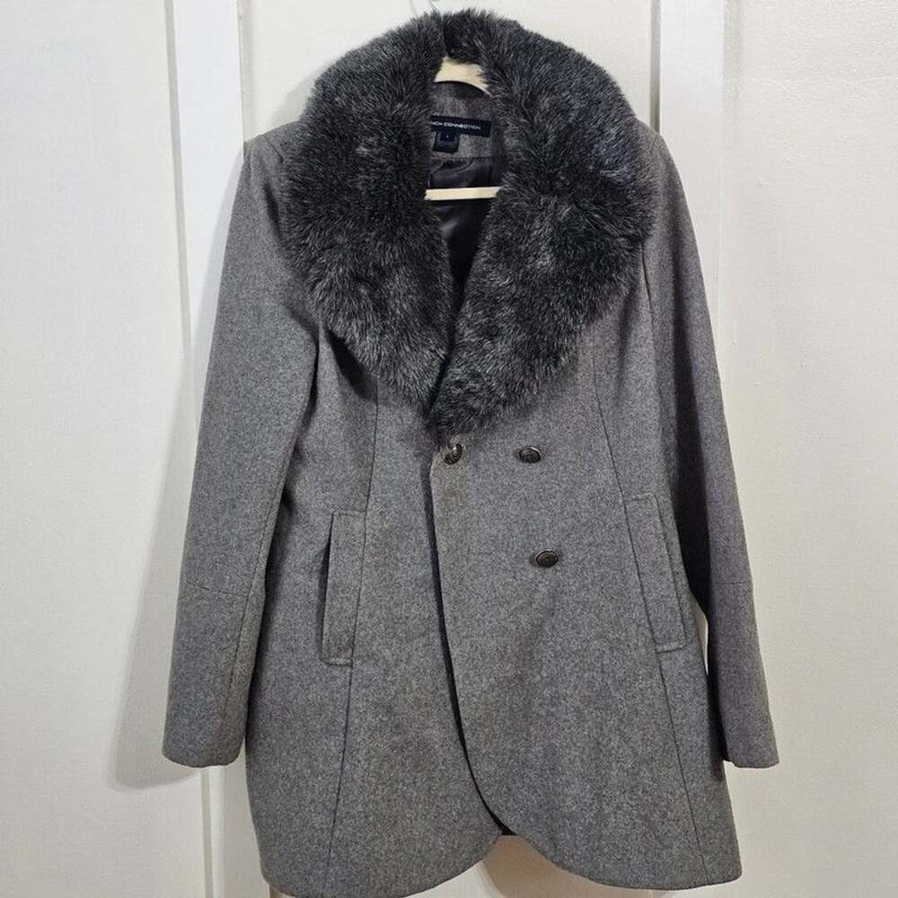 French Connection Women's L Gray Wool Blend Faux Fur Collar Peacoat Coat